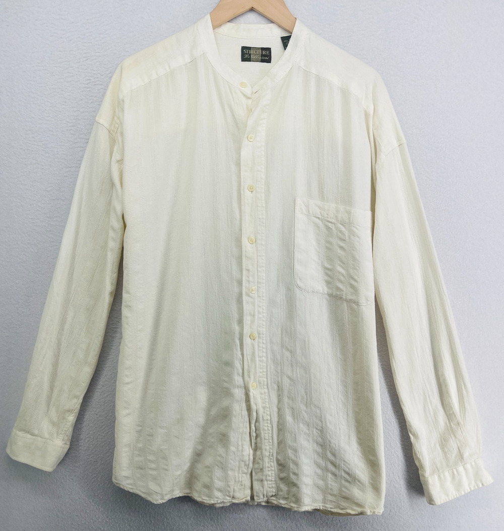 STRUCTURE Shirt Mens XL Cotton Dobby Striped Band Collar Button Up Off White VTG
